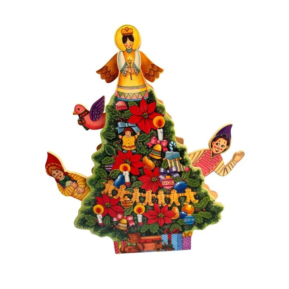 Vintage Wooden Musical Animated Christmas Tree Angel Elves Gingerbread Decor 14" - Picture 4 of 8